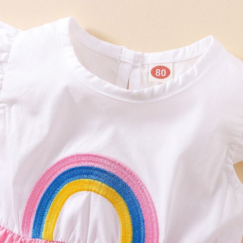 Summer Rainbow Embroidered Baby Girl Dress with Ruffles