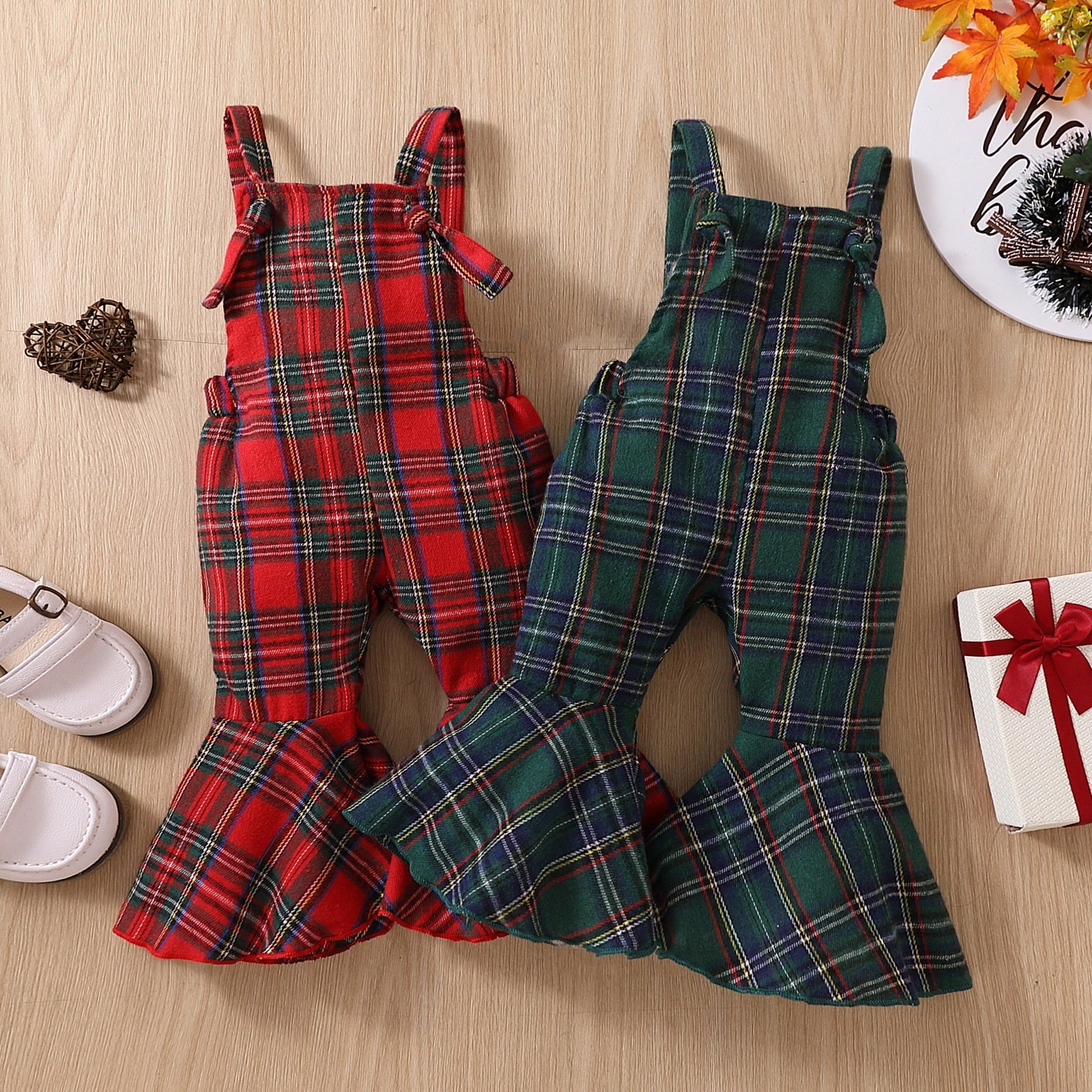 Festive Plaid Printed Suspender Pants for Girls