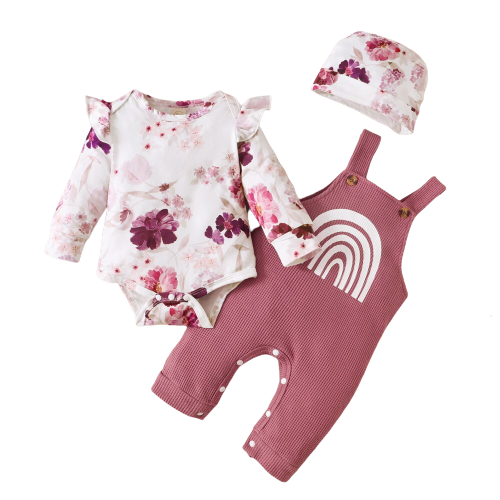 Sweet and Colorful Baby Girls Set with Flying Sleeve Floral Bodysuit and Rainbow Overalls