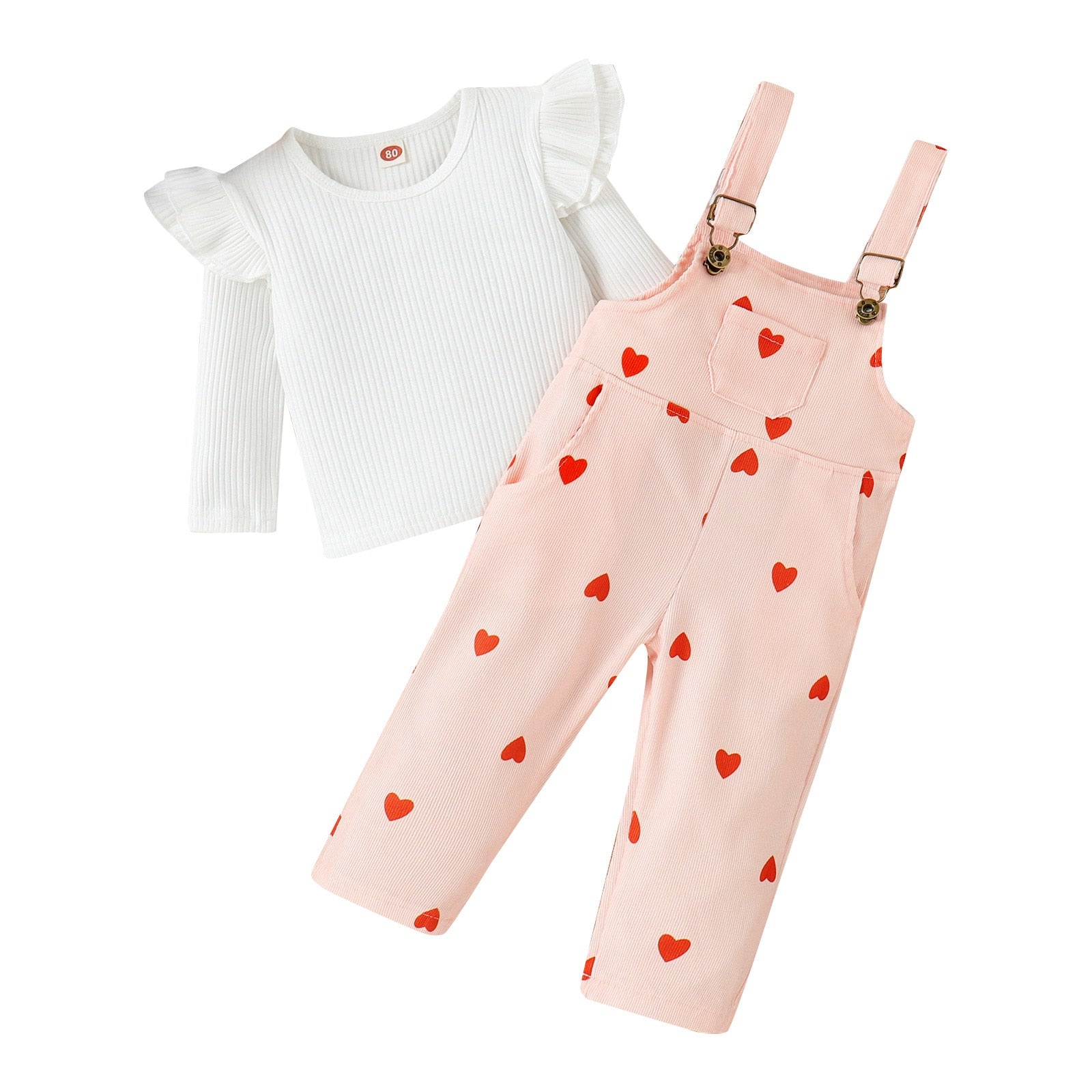 Valentine's Day Children's Fashion Clothes Set: Long Sleeve Tops and Heart Print Suspender Trousers for Girls