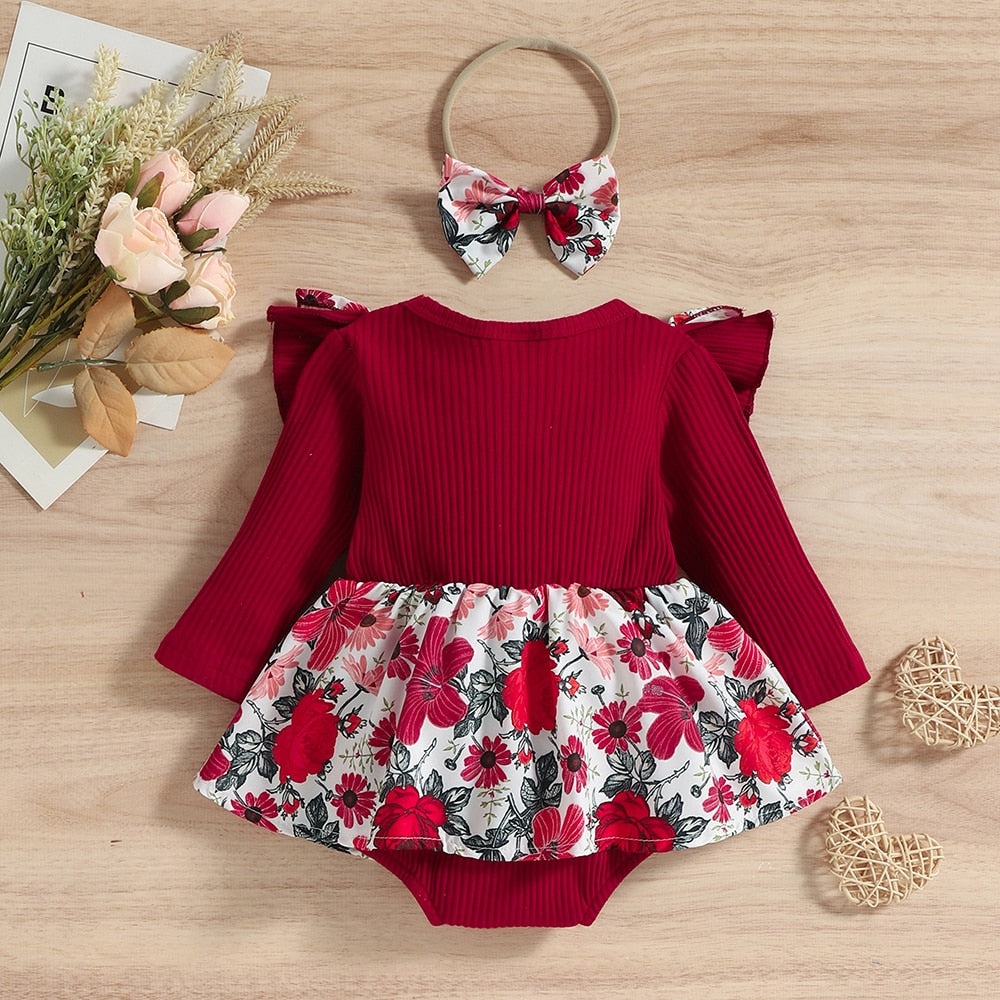 Charming Baby Girl Rompers - Cotton Long Sleeve Dress with Floral Headband
