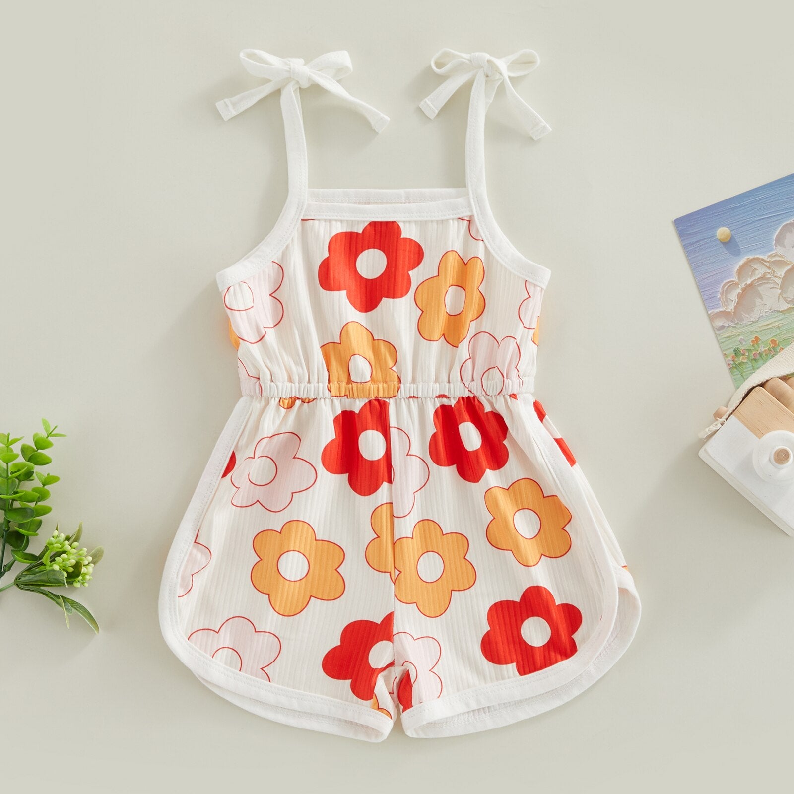 Toddler Kids Girl Summer Jumpsuit - Cartoon Flower Print Sleeveless Sling Tie-Up Romper Shorts