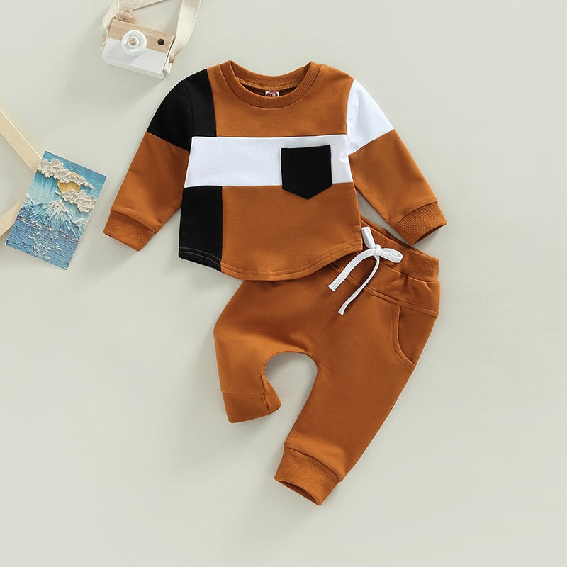 Stylish and Comfortable Patchwork Pullover and Pants Set for Toddler Boys