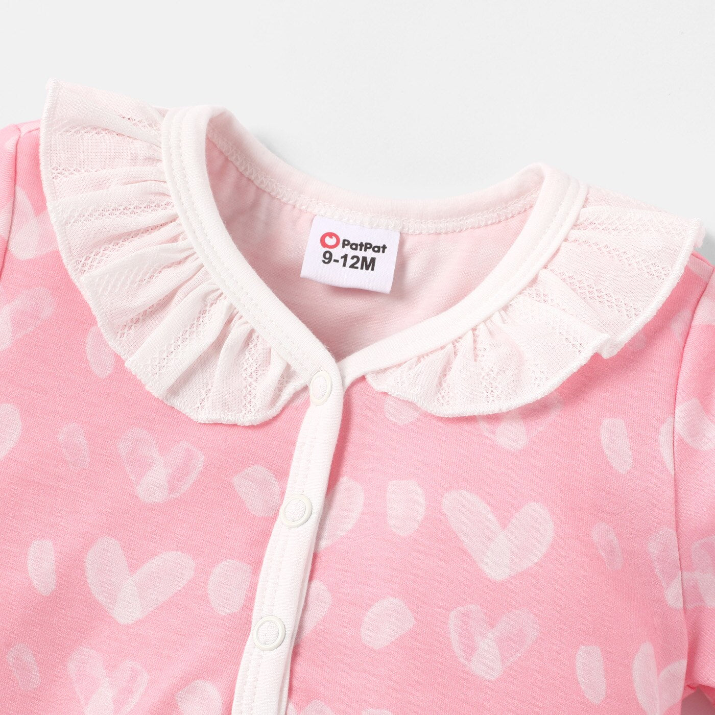 PatPat Valentine's Day Baby Girl Allover Heart Print Ruffle Collar Short-sleeve Naia Romper