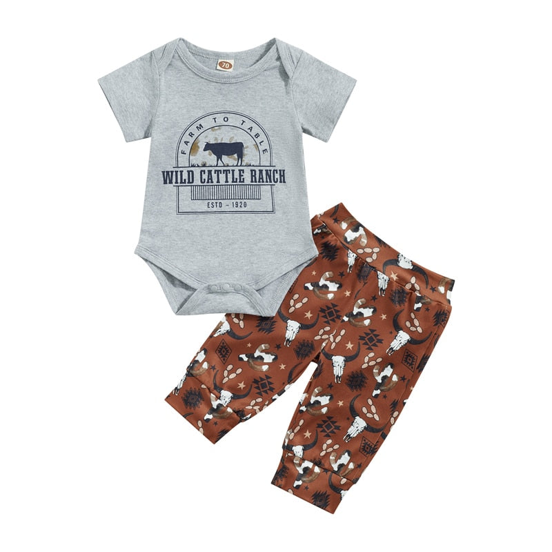 Adorable Baby Boys Summer Clothing Set with Cattle Letter Print Bodysuits and Long Pants