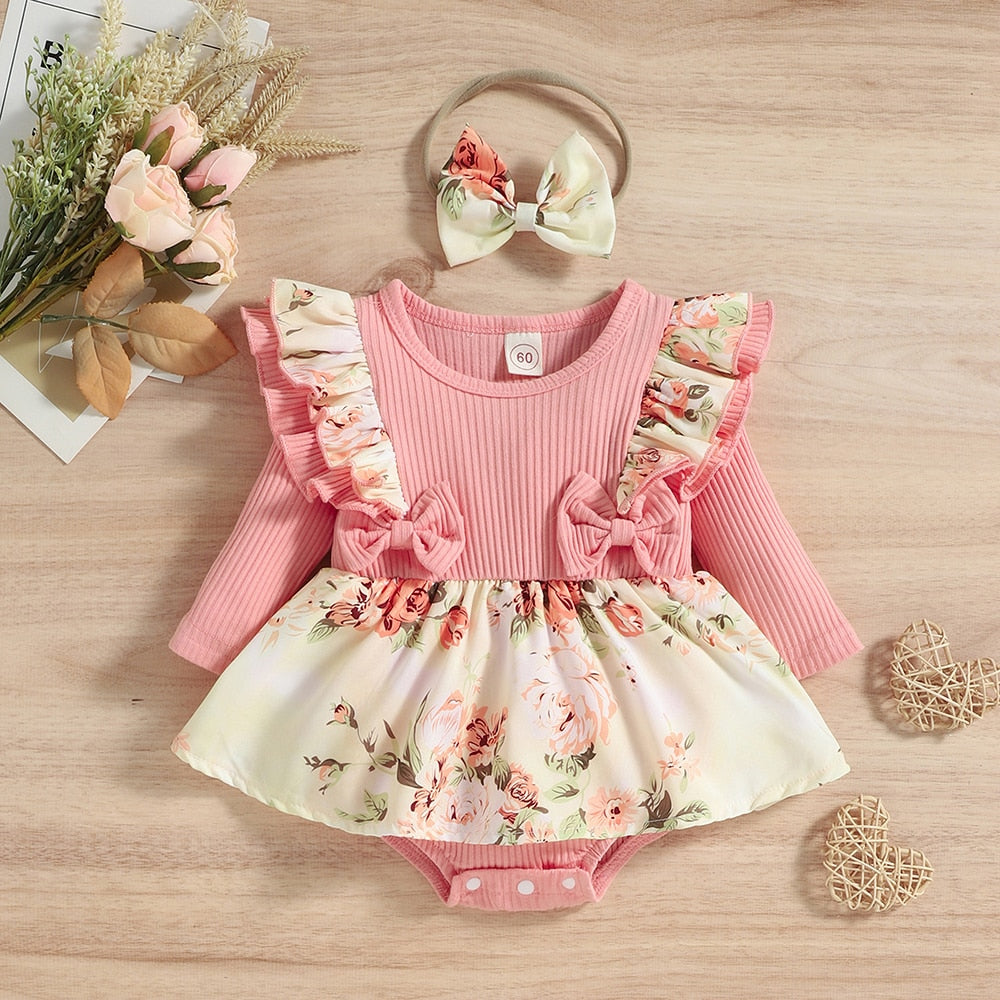 Charming Baby Girl Rompers - Cotton Long Sleeve Dress with Floral Headband