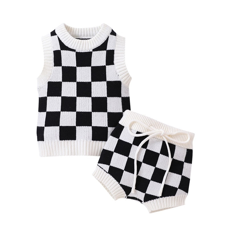 Trendy Checkerboard Printed Knitted Vest and Shorts Set for Newborn Baby Boys and Girls