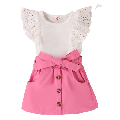 Trendy and Comfy Toddler Girls Summer Clothes Set - Fly Sleeve Solid Color Ribbed Tops and Bow Button Skirt 2PCS Suit Children Clothing Sets