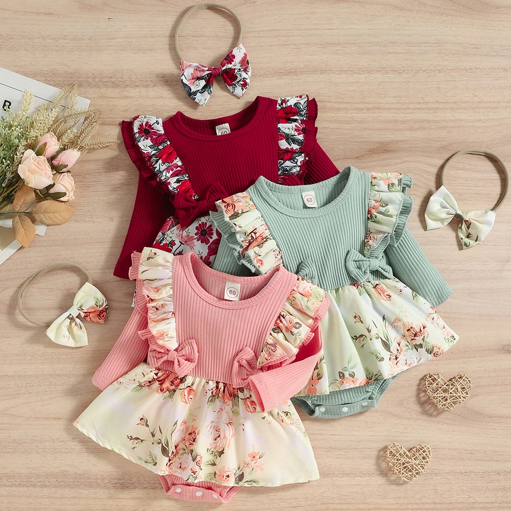 Charming Baby Girl Rompers - Cotton Long Sleeve Dress with Floral Headband