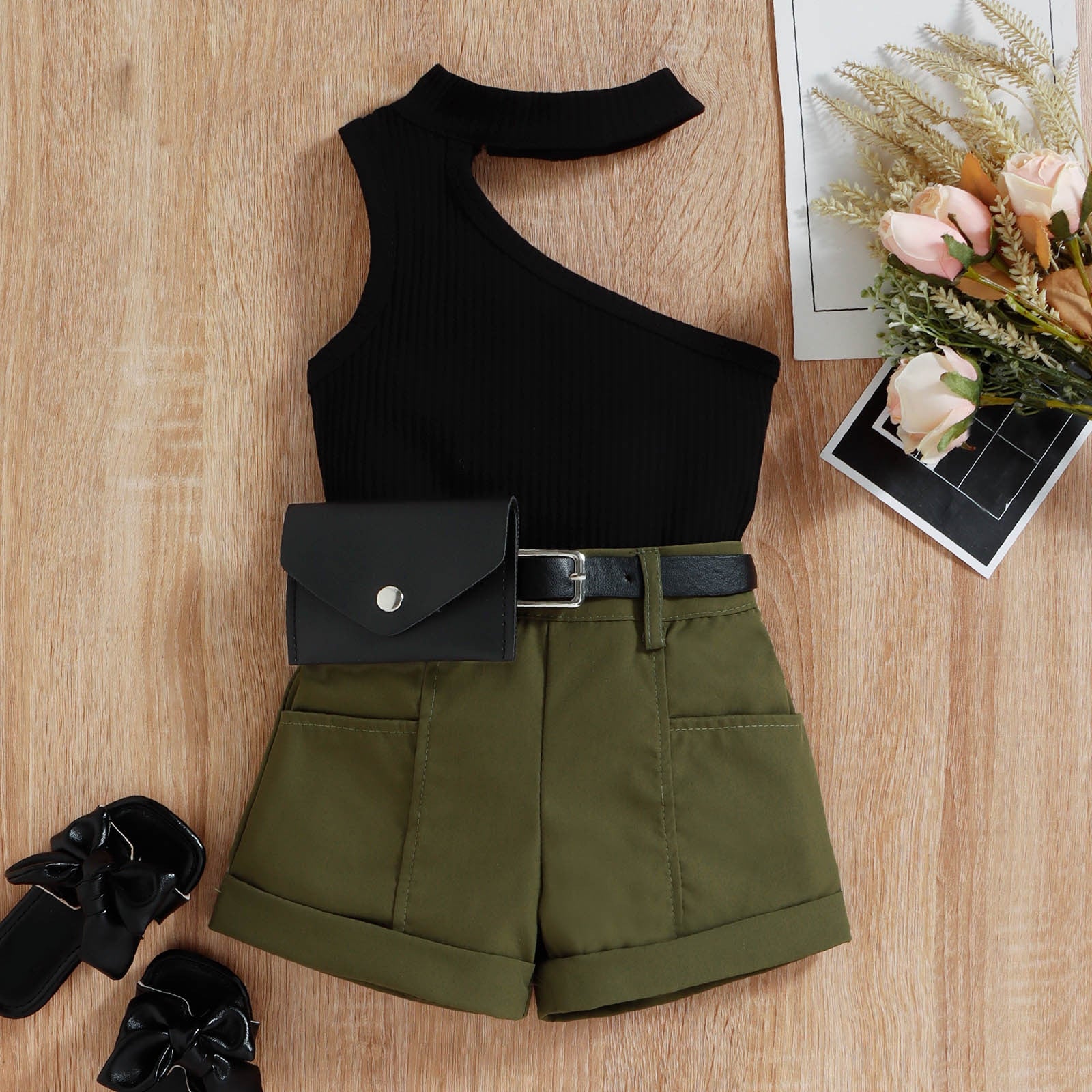 Stylish 0-4Y Little Girl Three-Piece Outfits Sets with One Shoulder Tops and Belts