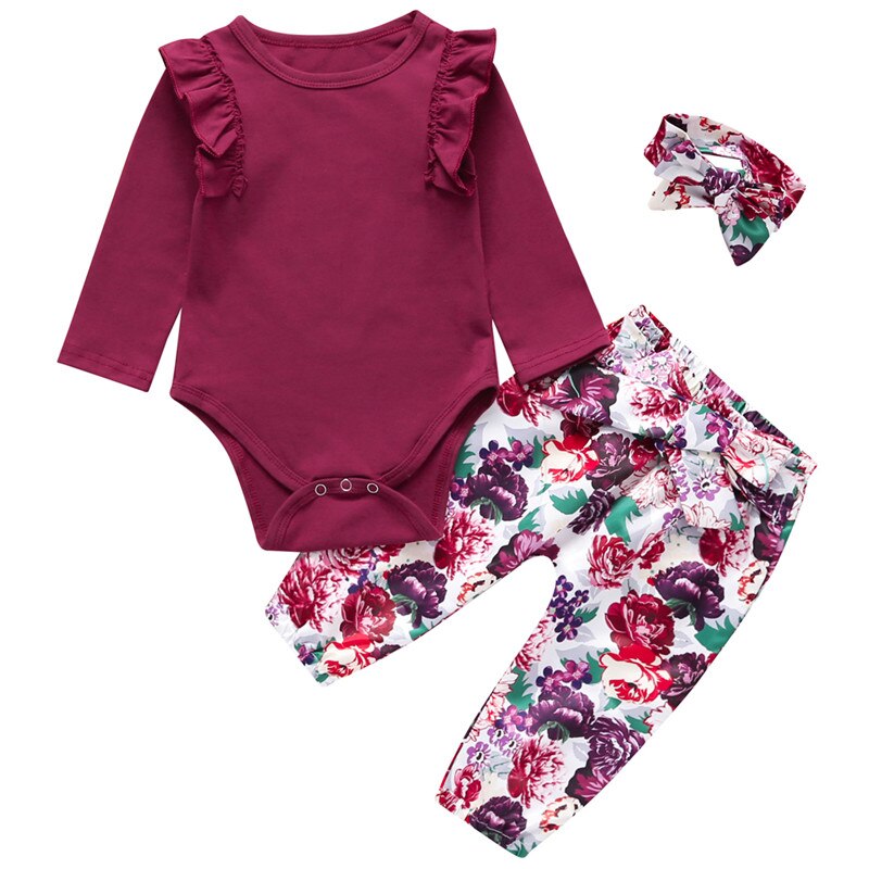 Cute Newborn Baby Girl Insect Print Ruffles Romper and Bow Pants Clothing Set