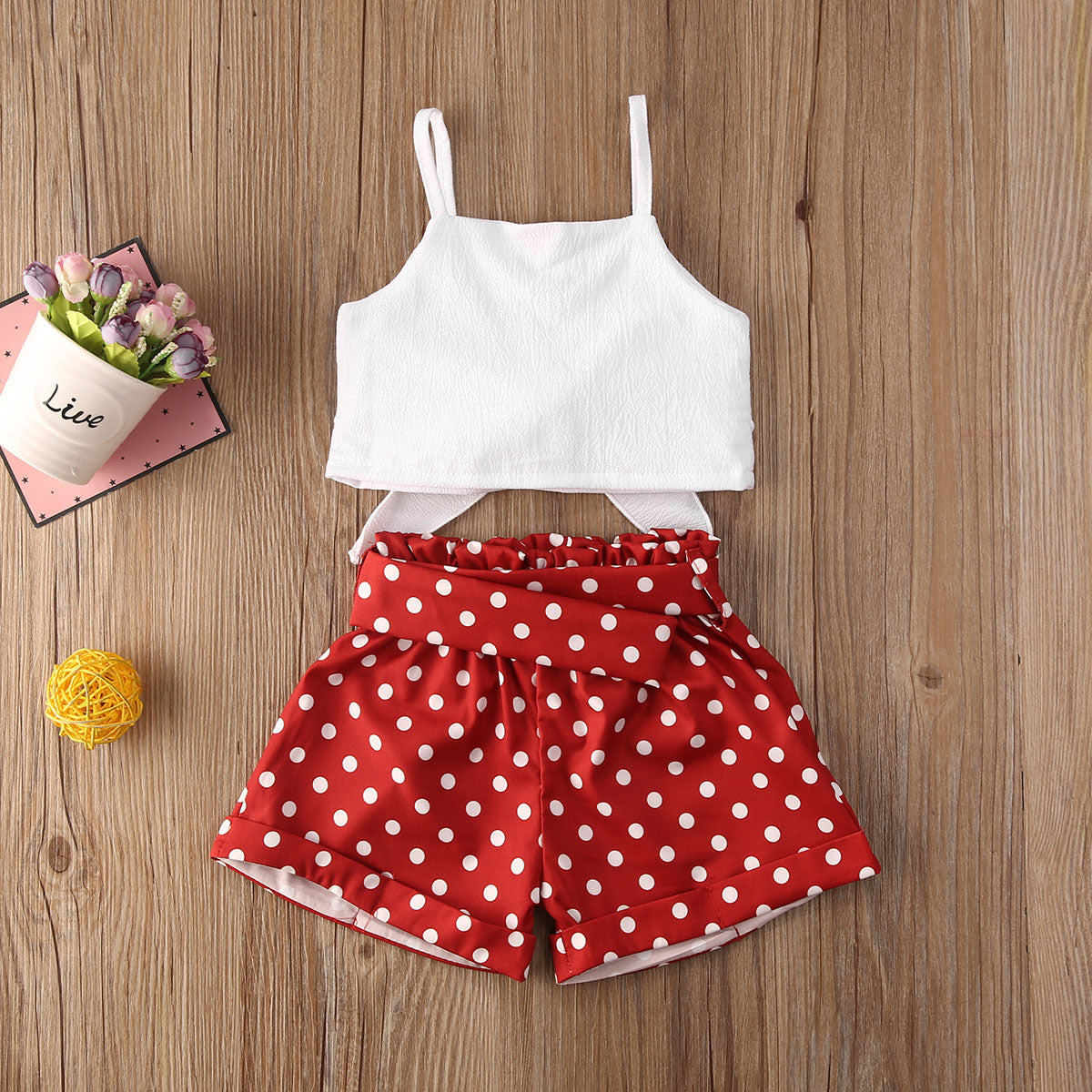 Toddler Baby Girl Summer Clothes Set - Solid Color Strap Bowknot Crop Tops Polka Dot Short Pants 2Pcs Outfits