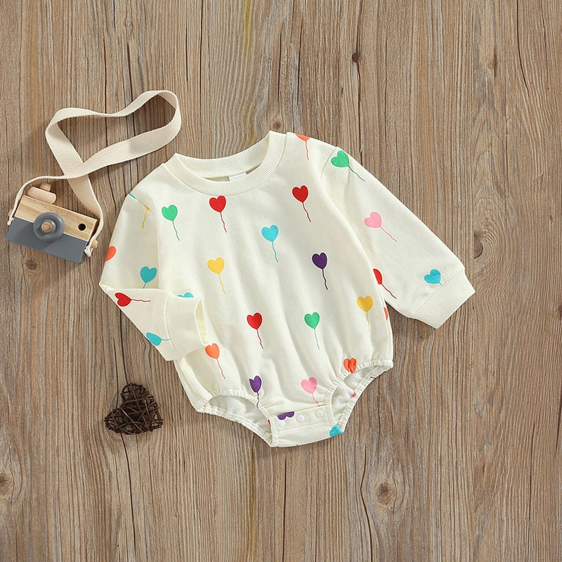 Lovely Baby Girl Boy Heart Print Crewneck Romper