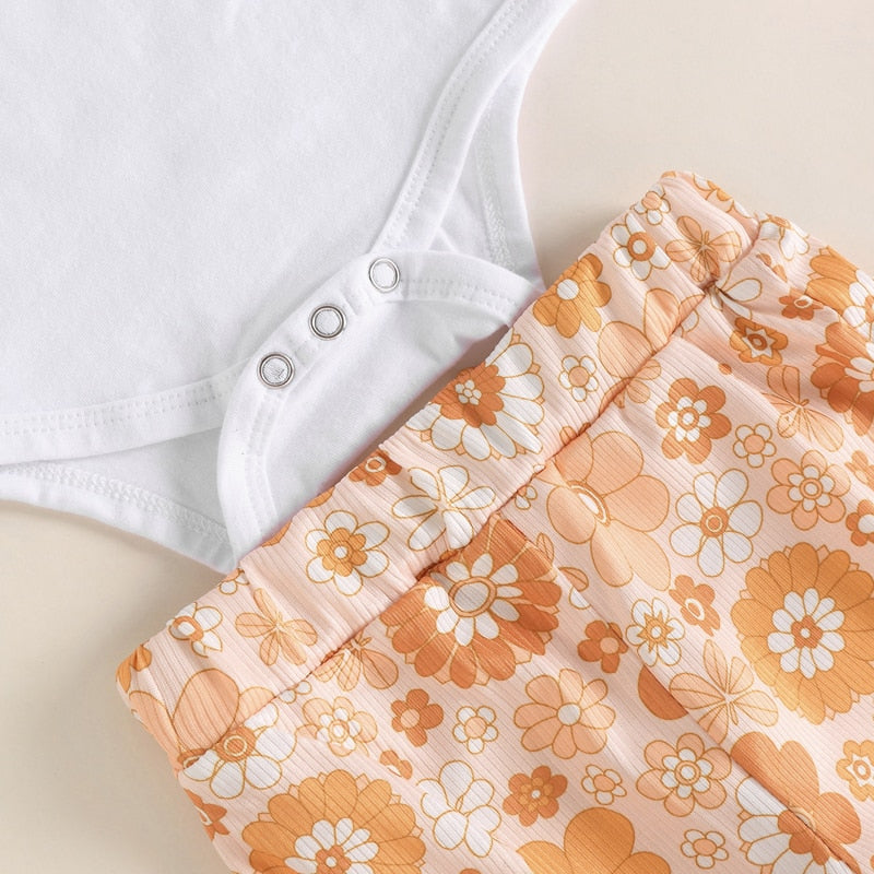 Summer Newborn Baby Girls Clothes Sets with Letter Print Rompers and Floral Flare Pants
