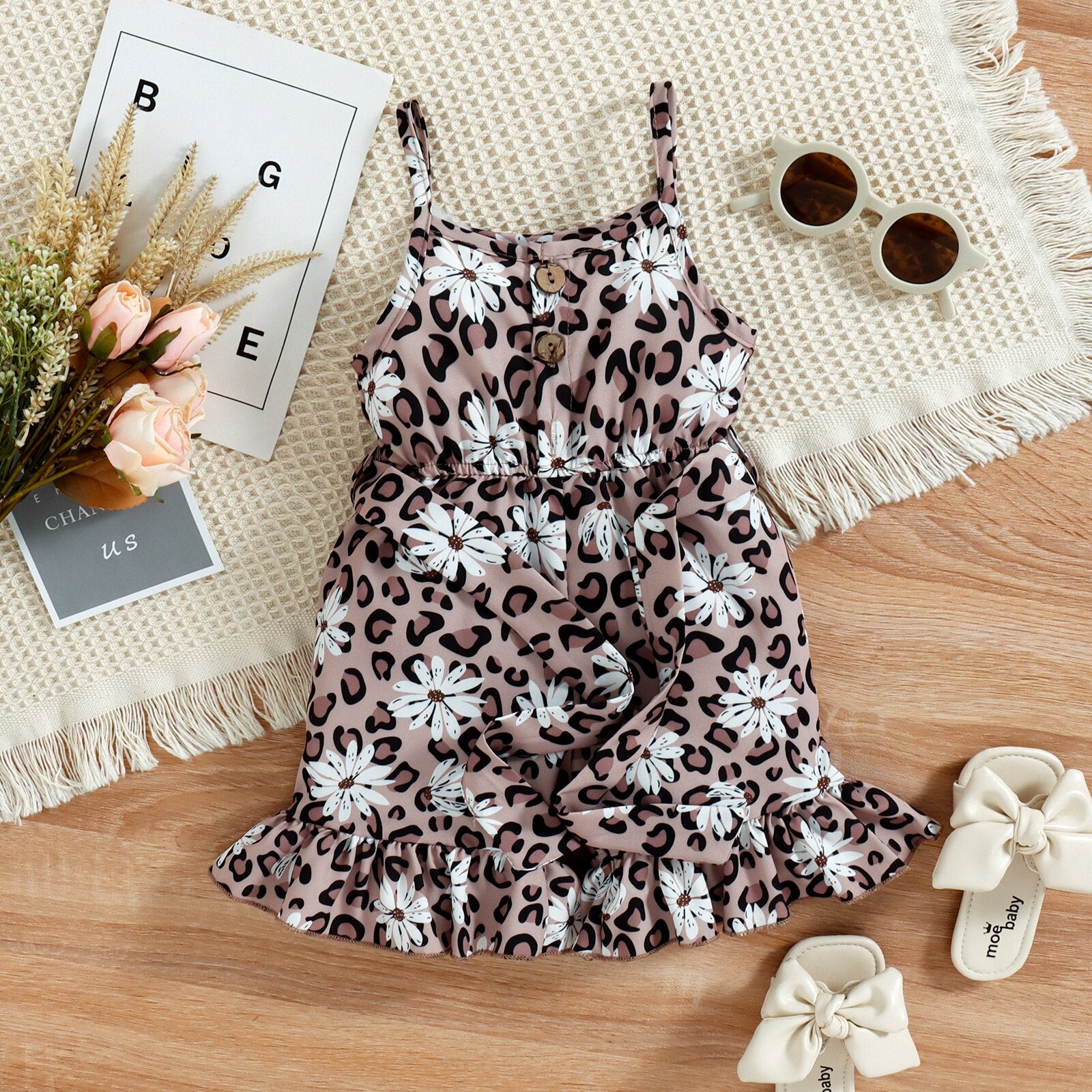 Summer Toddler Girls Jumpsuit Shorts with Leopard and Sunflower Prints