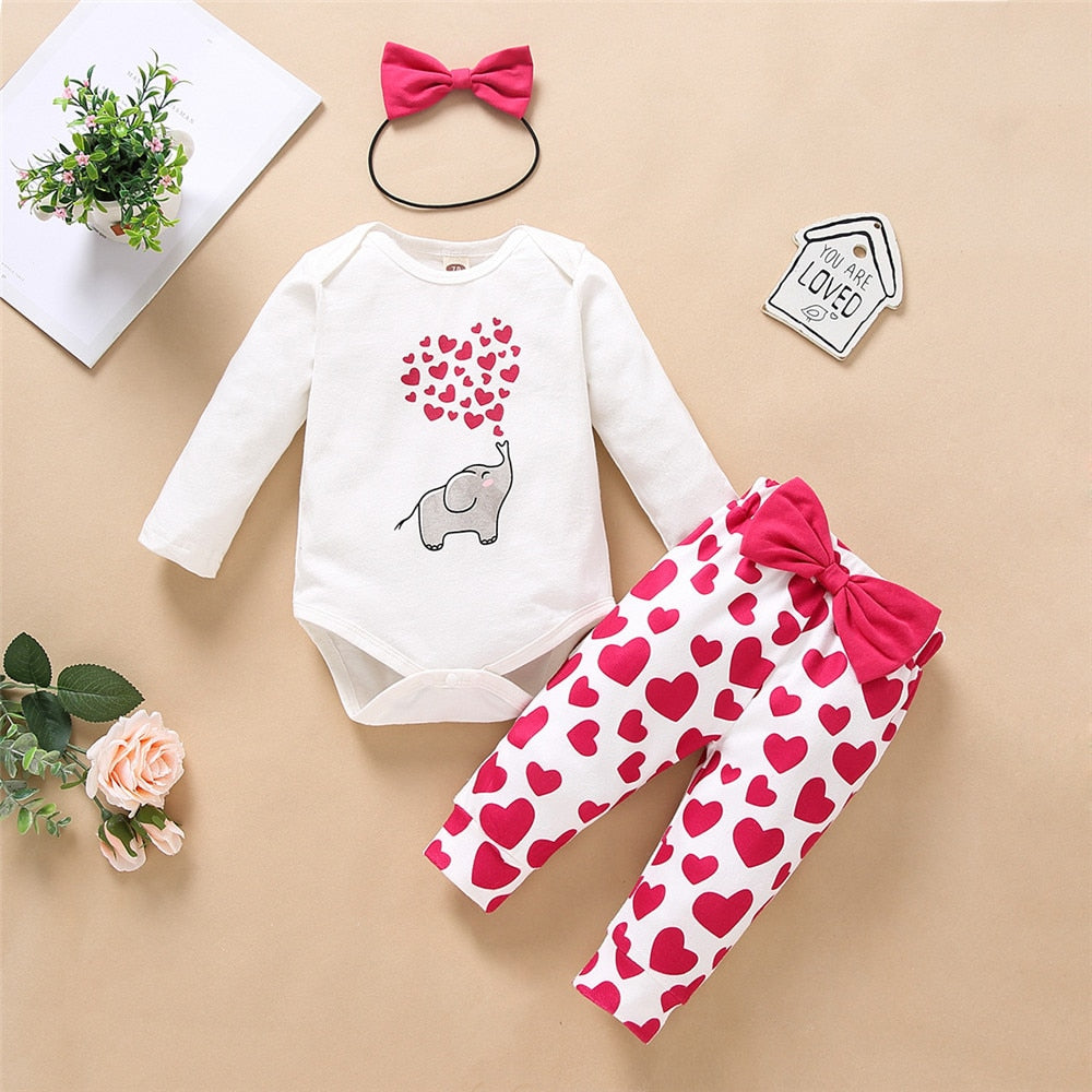 Love Elephant Print Newborn Girls Valentine's Day Outfit