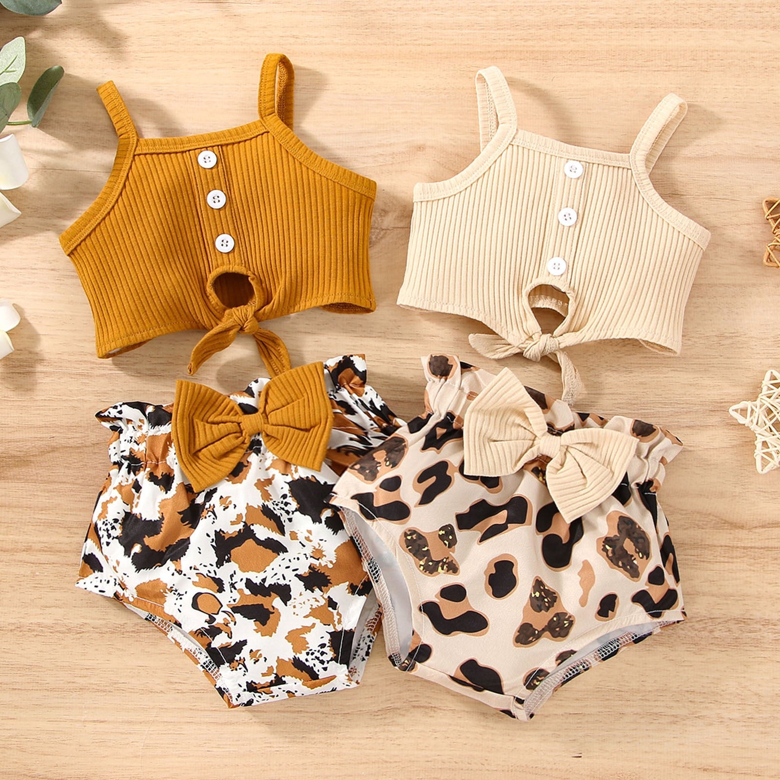 Baby Girl Summer Clothes Set - Ribbed Vest Top + Leopard Print Shorts
