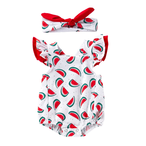 Adorable Flying Sleeve Baby Bodysuit with Watermelon Print for Girls