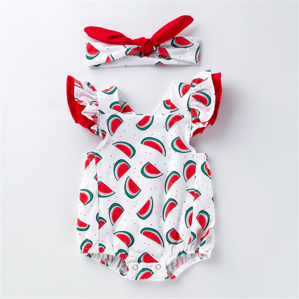 Adorable Flying Sleeve Baby Bodysuit with Watermelon Print for Girls