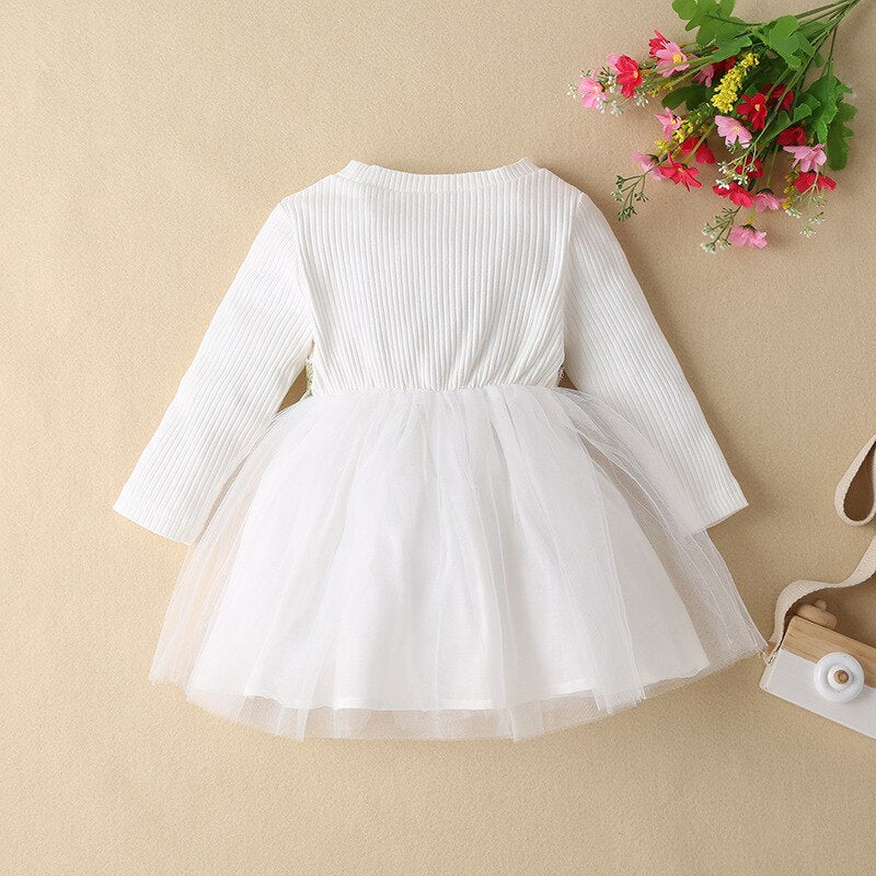 Infant Baby Girls Princess Dress: Long Sleeve Knitted Ribbed Flower Embroidery Lace Patchwork Layered Tutu Dress