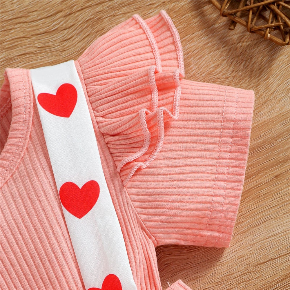 Adorable Valentine's Day Baby Girls Costume: Flying Sleeve Overalls with Heart Printed Newborn Bodysuit and Toddler Rompers