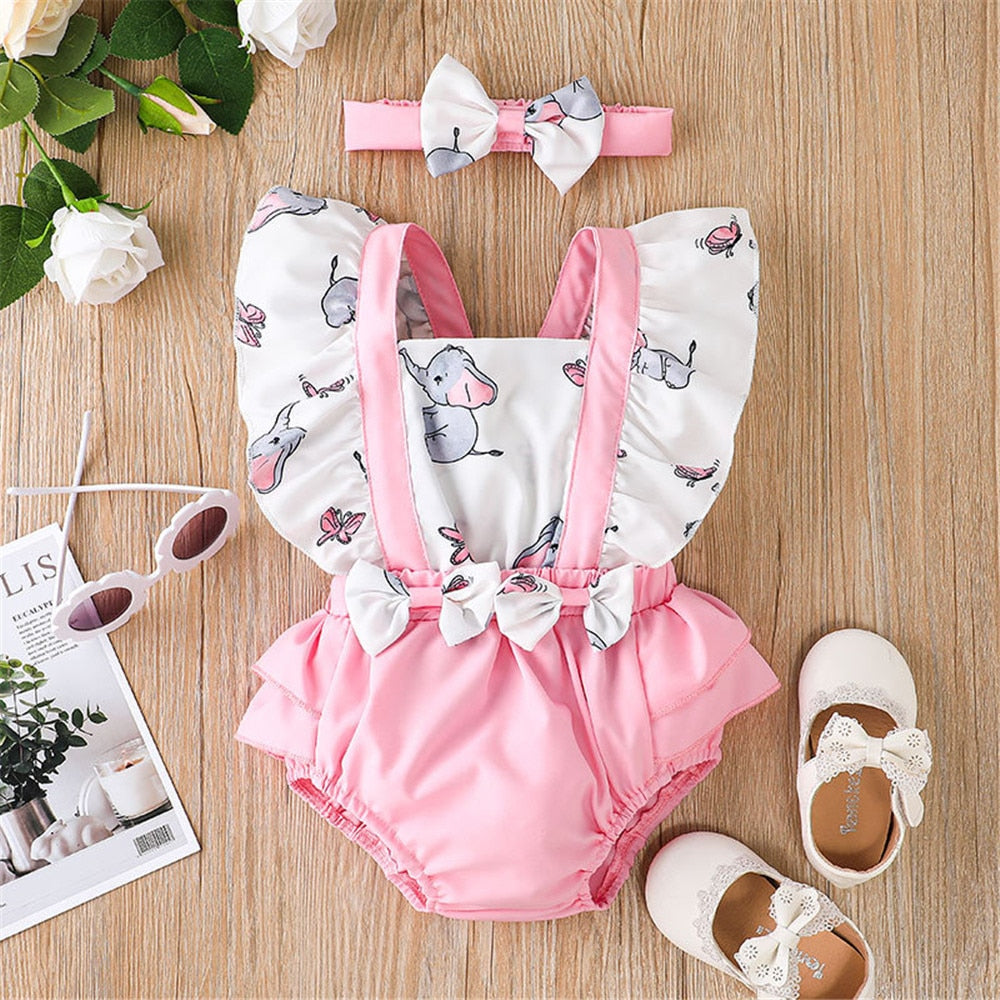 Cute and Comfy Newborn Girls Bodysuit | Adorable Elephant Printed Baby Rompers | Flying Sleeve Toddler Costume Dress | Perfect for Summer Clothing