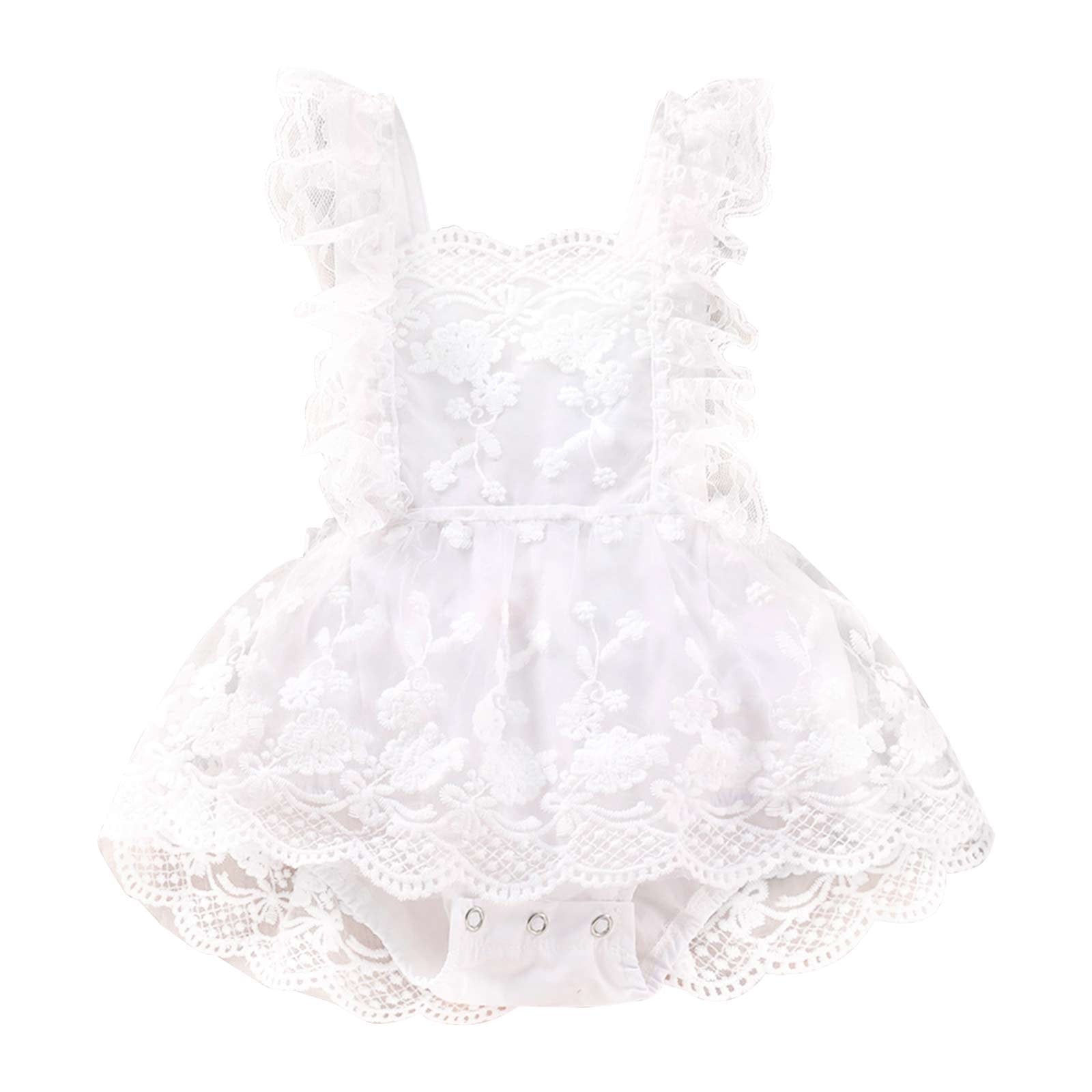 Adorable Infant Baby Girls Summer Romper Dress with Floral Lace Embroidery and Adjustable Straps