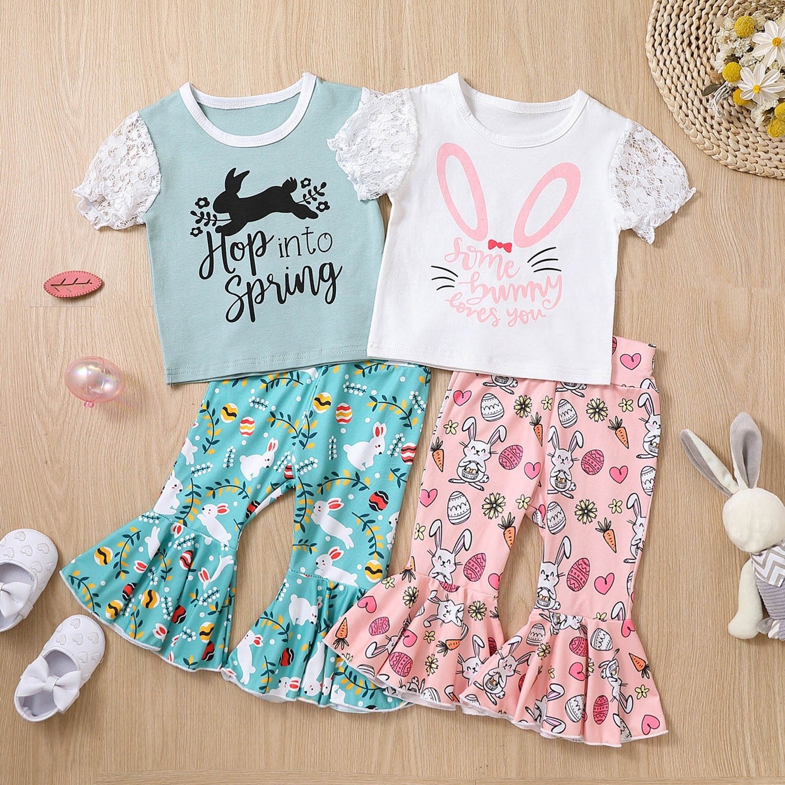 Adorable Easter Outfits for Toddler Girls - Short Sleeve Clothes Sets with Cartoon Rabbit Print T-Shirt and Bell Bottoms