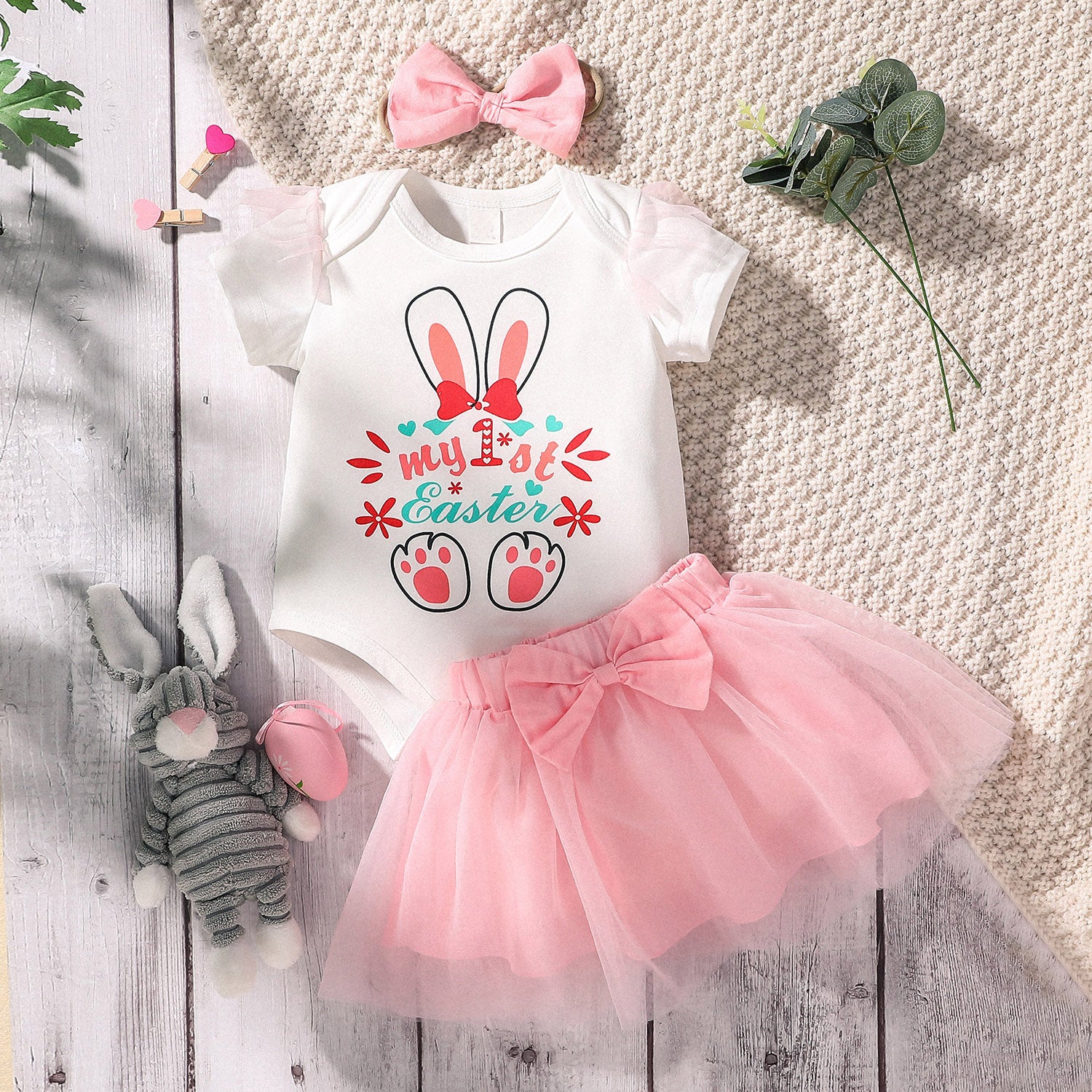 My First Easter" Baby Clothing Set for Girls: Rabbit Romper + Layered Floral Bodysuit