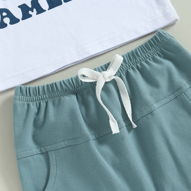 4th of July Ready: Trendy Summer Clothes Sets for Toddler Boys with Letter Print and Drawstring Shorts