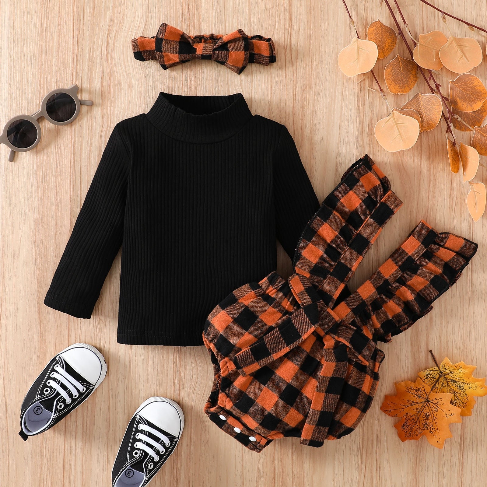 Stylish Baby Girls Clothes Sets for Autumn: Long Sleeve Tops, Plaid Suspenders Shorts, Headband and More!