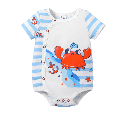 Adorable Baby Boy Crab Print Blue Striped Short-sleeve Romper