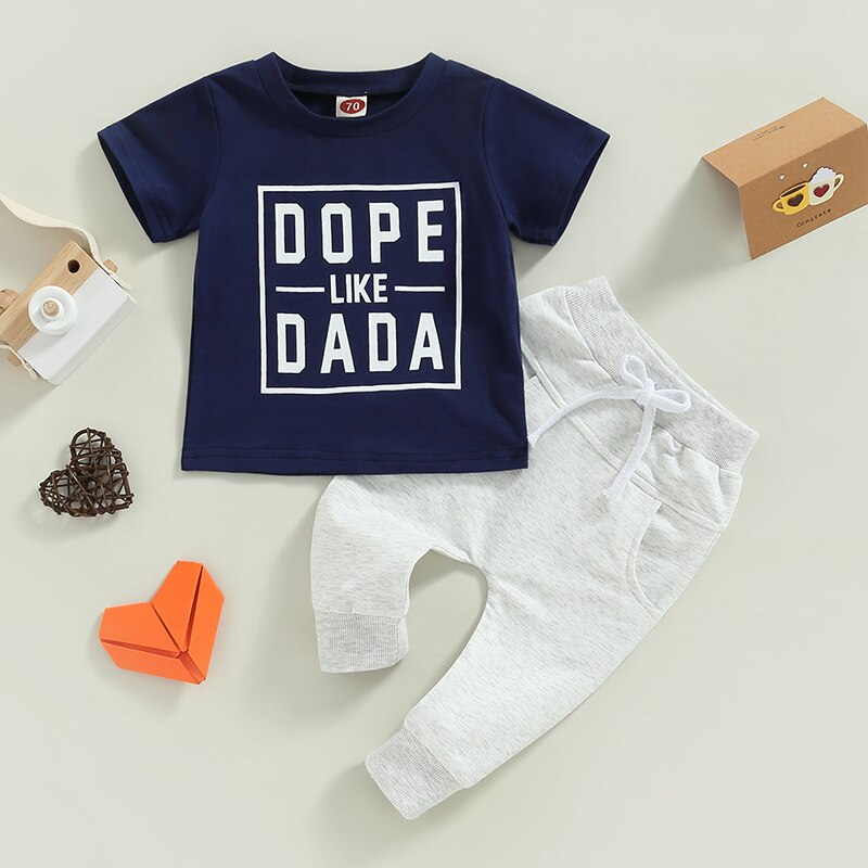 Fashionable Summer Toddler Boys Clothes Sets: Letter Print Short Sleeve Cotton T-shirts + Solid Long Pants Sportswear Outfits