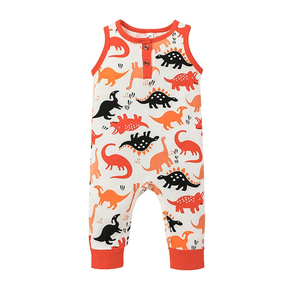 Adorable Dinosaur Printed Sleeveless Baby Rompers for Summer