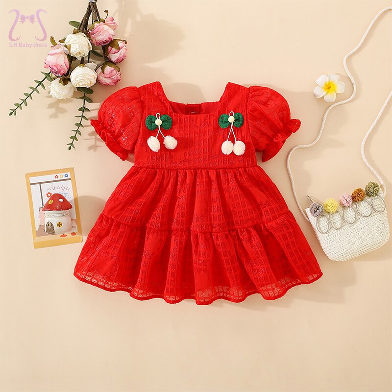 Sweet Baby Girls Puff Sleeve Dresses Cherry Solid Color Party Evening Dress