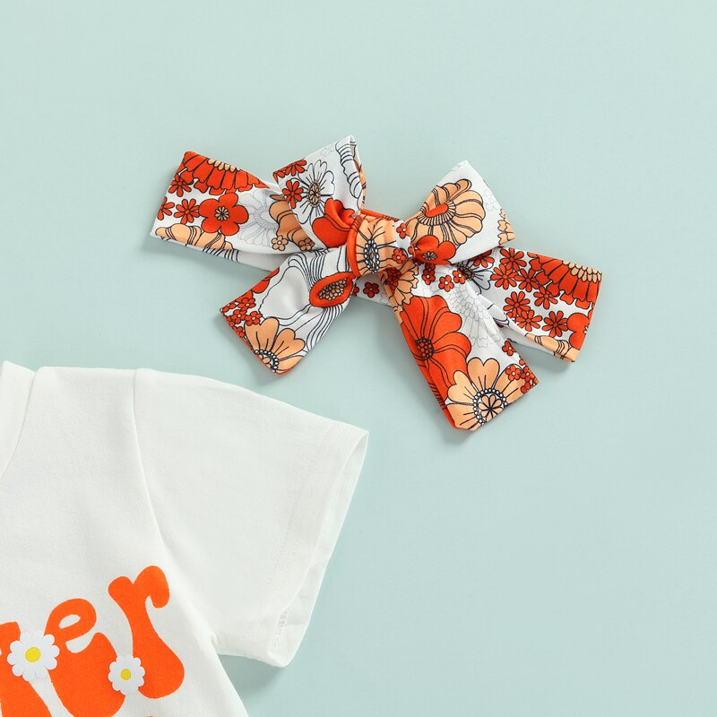 Summer Infant Baby Girls Clothes Sets - Letter Print Short Sleeve T-shirt and Floral Shorts Outfits with Headband