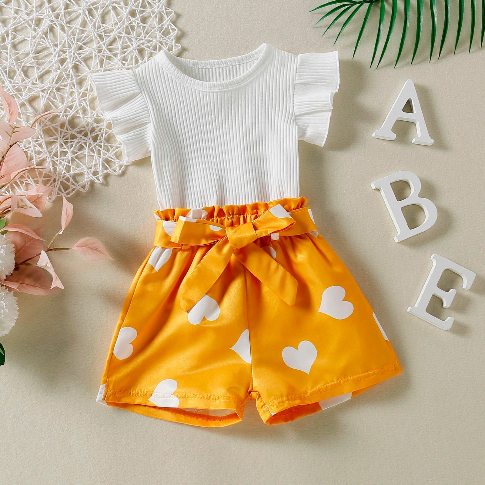 Toddler Girls Valentine's Day Clothing - Summer Fly Sleeve Ribbed Tops Hearts Printed Shorts Kids Outfits Girls Clothes 0-4 Years