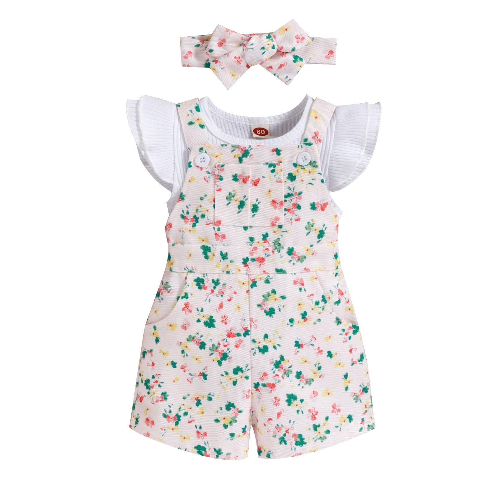 Adorable Infant Baby Girls Clothes Sets with Fly Sleeve Plain Tees and Floral Suspender Shorts