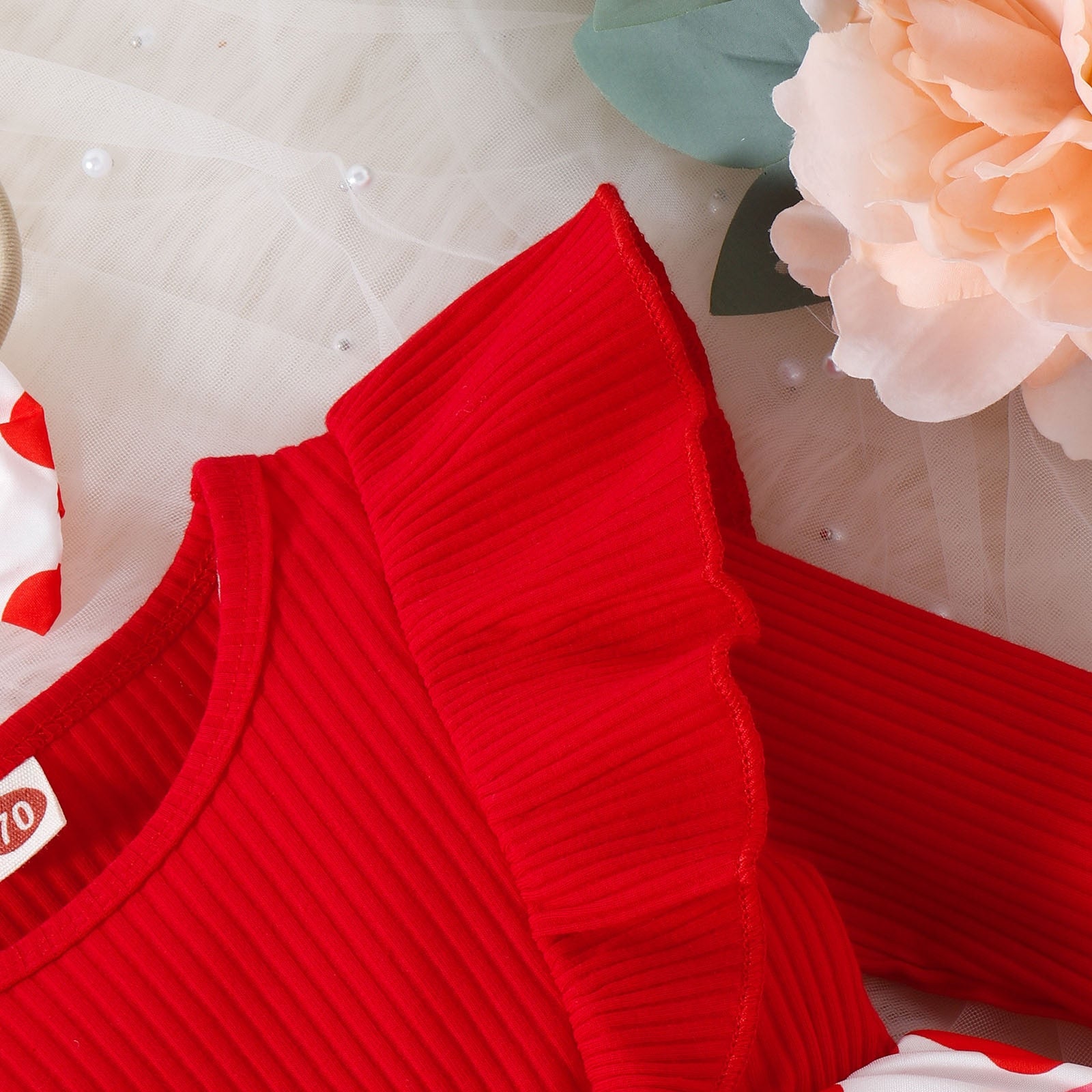 Adorable Infant Girls Valentine's Day Bodysuit Sets - Long Sleeve Rompers with Ribbed Hearts Print and Ruffles