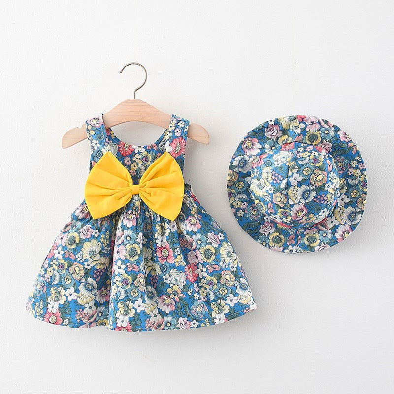 Retro Flower Bow Baby Girl Strappy Dress Set