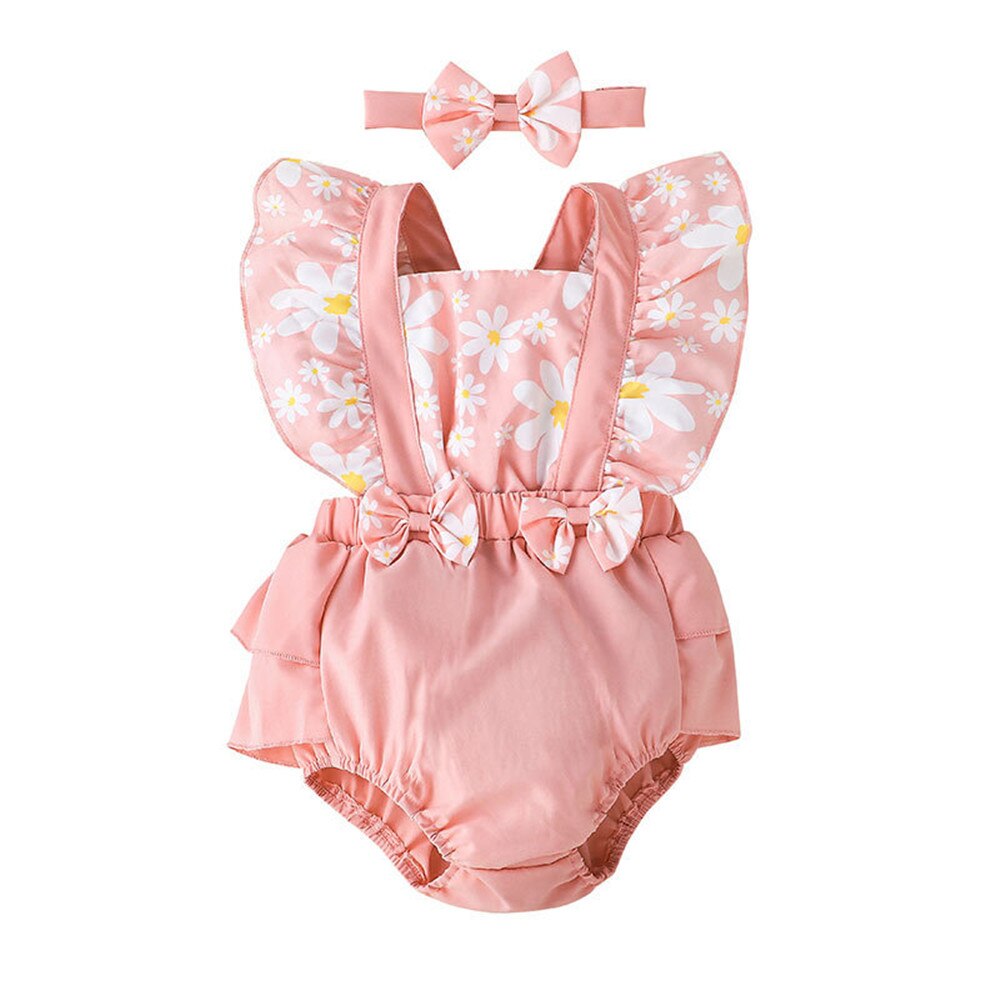 Dress Up Your Little One in Style with Flowers Printed Bodysuit | Cute Baby Rompers with Patchwork and Bowknots | Ruffled Outfits for Newborn Overalls | Adorable Children Suits