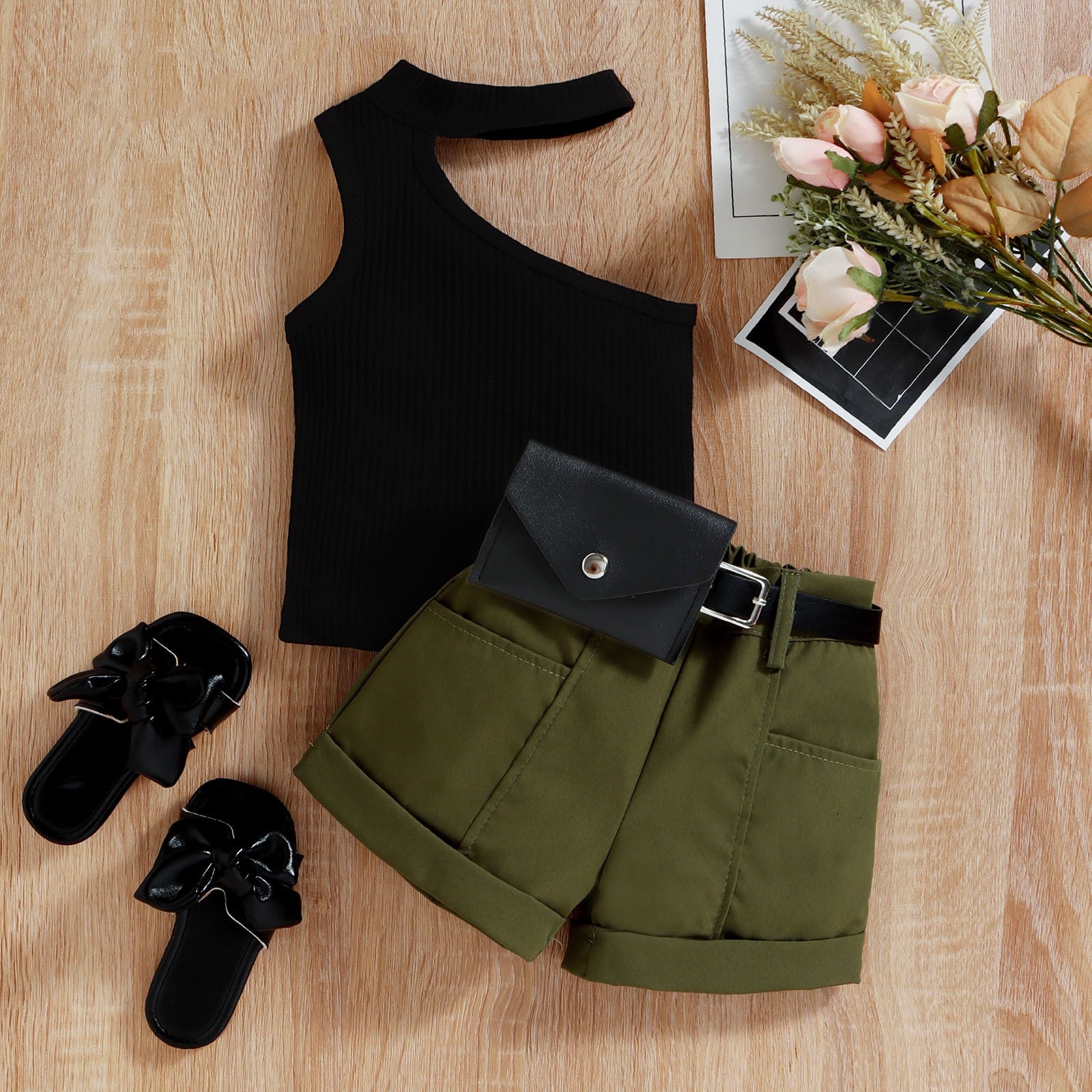 Stylish 0-4Y Little Girl Three-Piece Outfits Sets with One Shoulder Tops and Belts