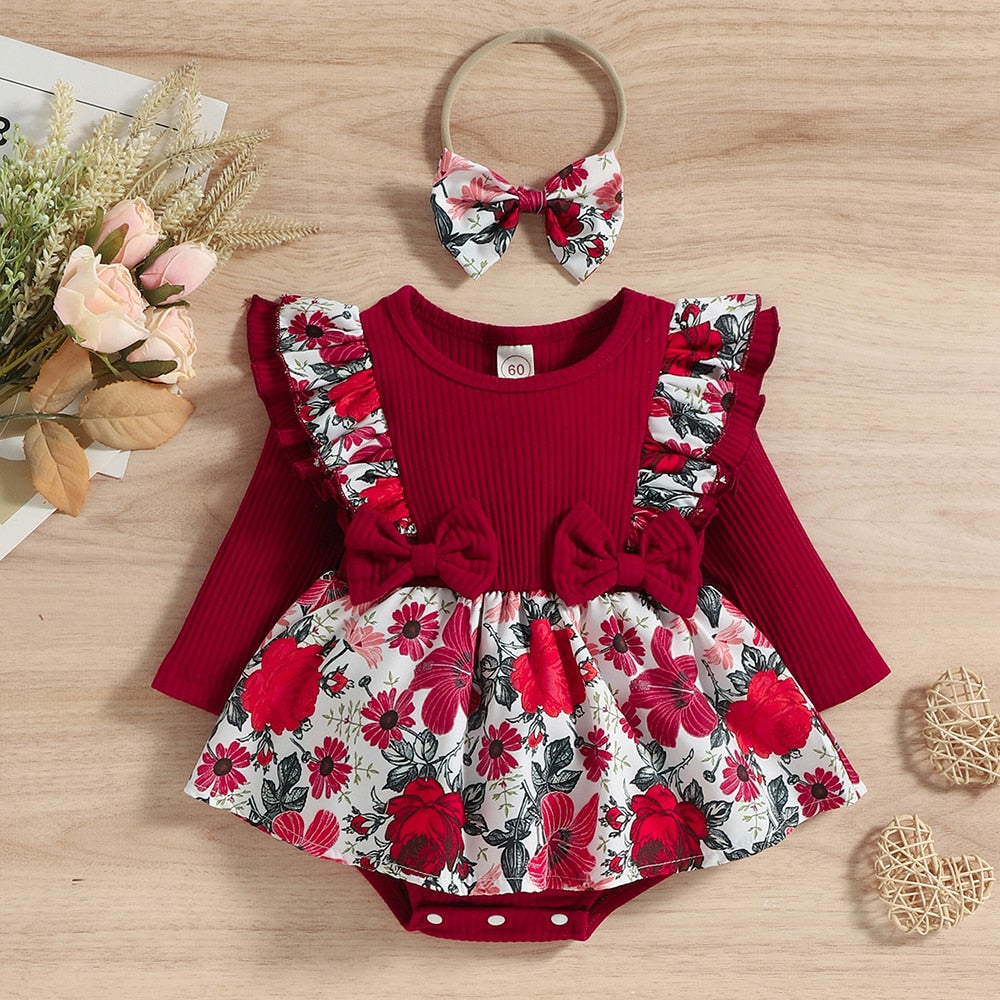 Charming Baby Girl Rompers - Cotton Long Sleeve Dress with Floral Headband