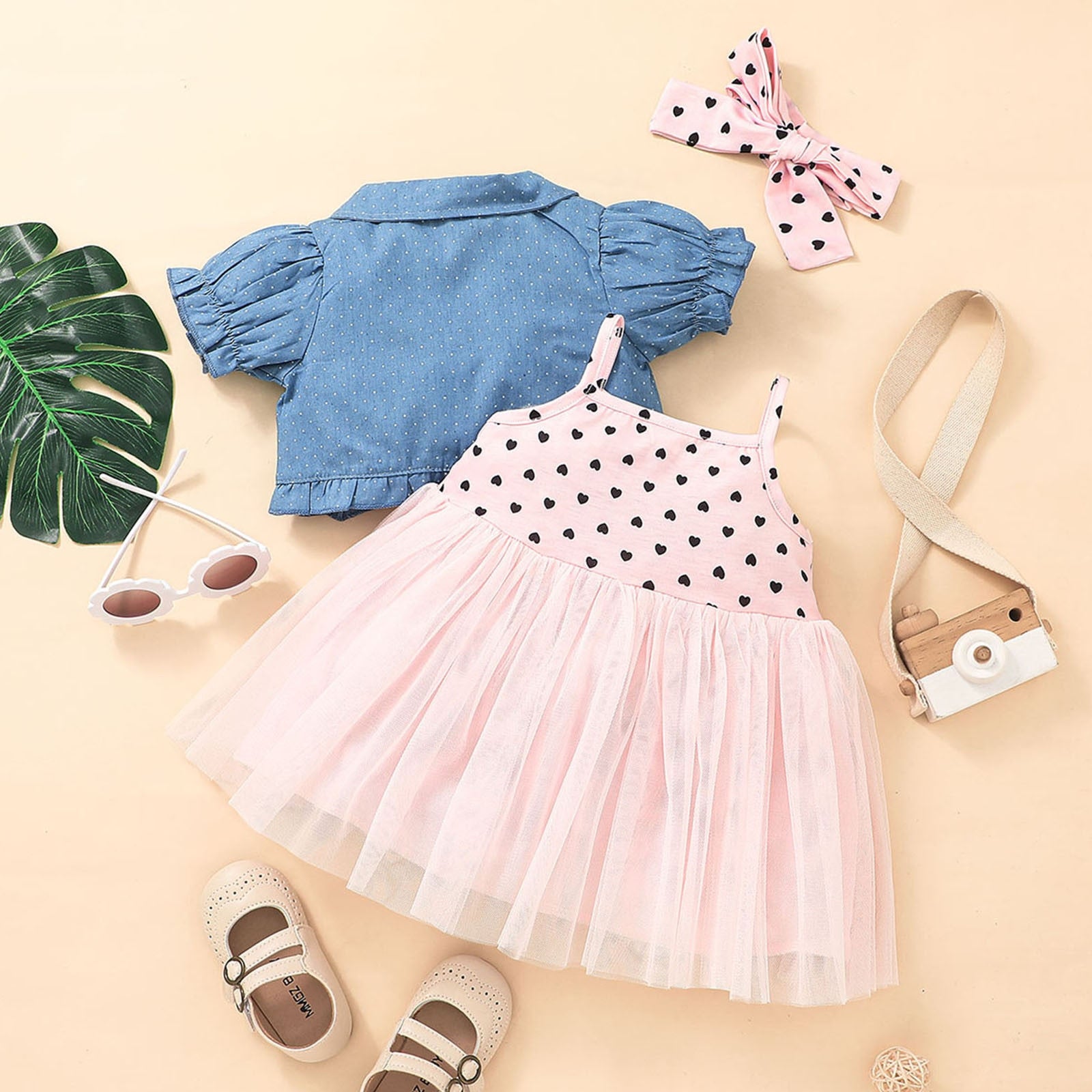 Infant Baby Girls 3-Piece Denim Coat and Heart Print Tulle Dress with Headbands