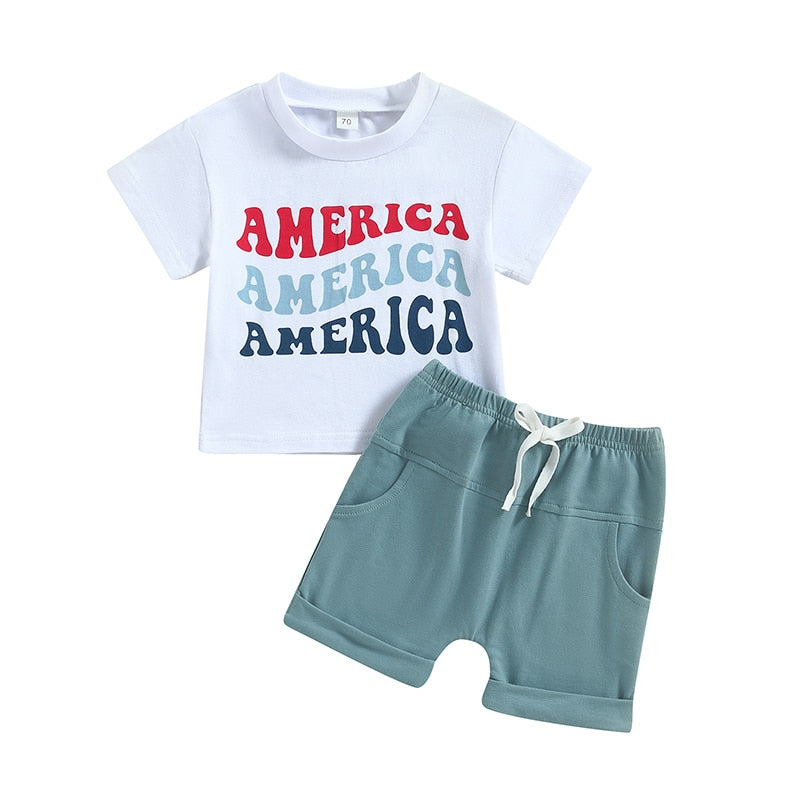 4th of July Ready: Trendy Summer Clothes Sets for Toddler Boys with Letter Print and Drawstring Shorts