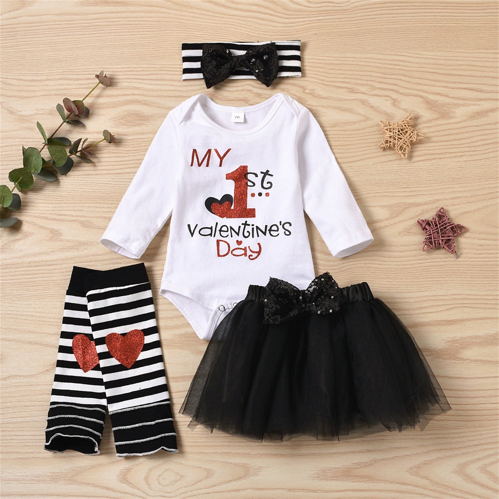 My 1st Valentine's Day Infant Baby Girls Clothes Set - Letter Print Long Sleeve Romper, Skirt, Hairband, and Leg Socks