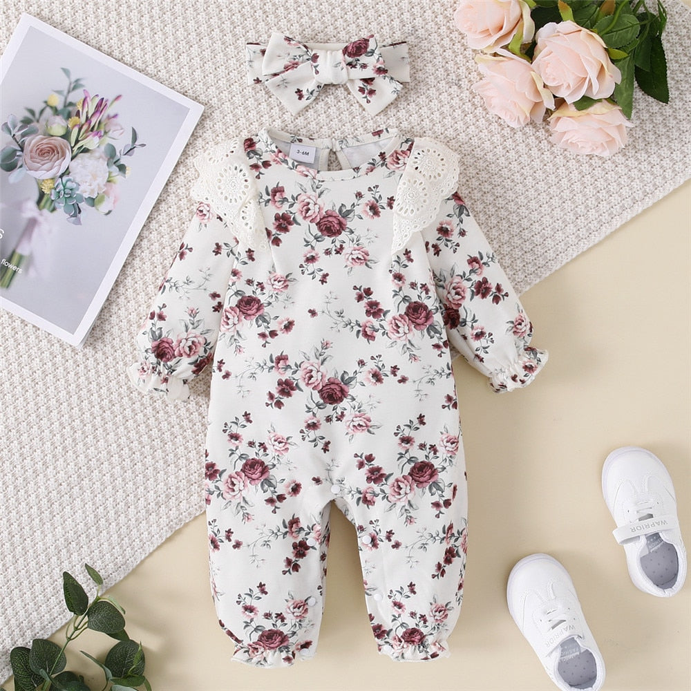 Sweet Floral Baby Girls Rompers for Autumn and Winter