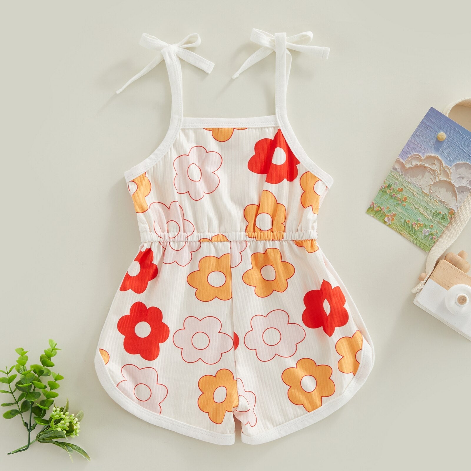 Toddler Kids Girl Summer Jumpsuit - Cartoon Flower Print Sleeveless Sling Tie-Up Romper Shorts