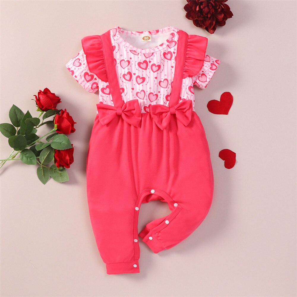 Adorable Bowknot Flying Sleeve Baby Rompers for Valentine's Day