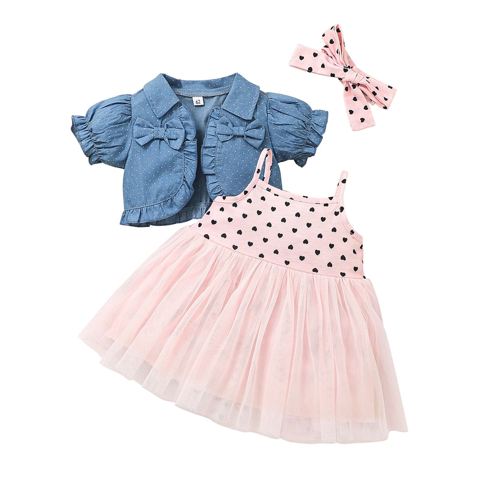 Infant Baby Girls 3-Piece Denim Coat and Heart Print Tulle Dress with Headbands